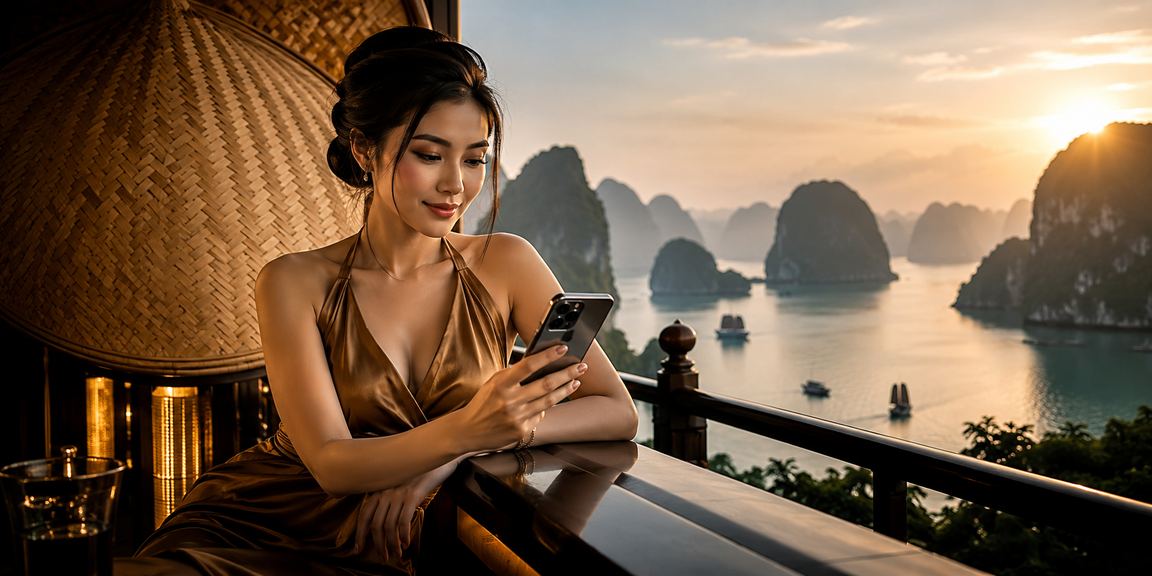 Cảnh vịnh Hạ Long với bàn roulette và nón lá – hình ảnh giải trí có văn hóa Việt Nam